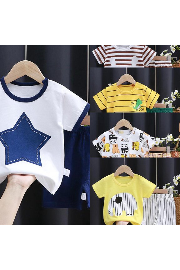 Kids Cotton Summer Outfits Pack Unisex Baby Solid Color Short Sleeve Pullover Crewneck T-Shirt and Active Running Shorts