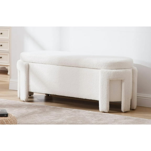 Modern Sherpa Storage Ottoman Bench for Bedroom 47.25 in Comfy Boucle Upholstered Entryway Bench with Storage for End of Bed/Living Room/Lounge/Window Corner, White