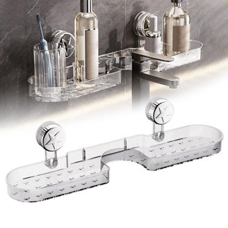 Walnut Bathroom Sink Shelf With Suction Cups – No-Drill Over-Faucet Organizer, Shower Caddy With Strong Adhesion