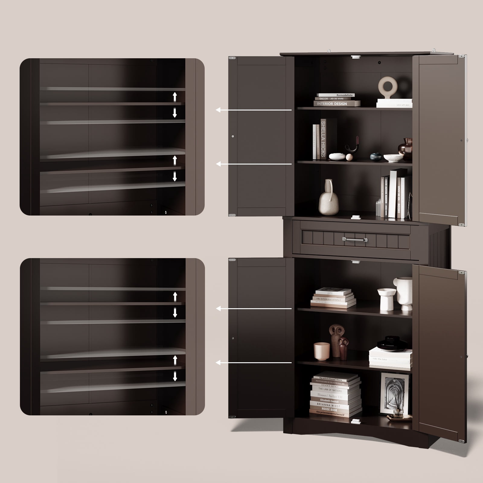 Asofer 71 Inch Tall Kitchen Pantry Cabinet with 4 Doors, Adjustable Shelves & 15" Deep Drawer, Dark Brown
