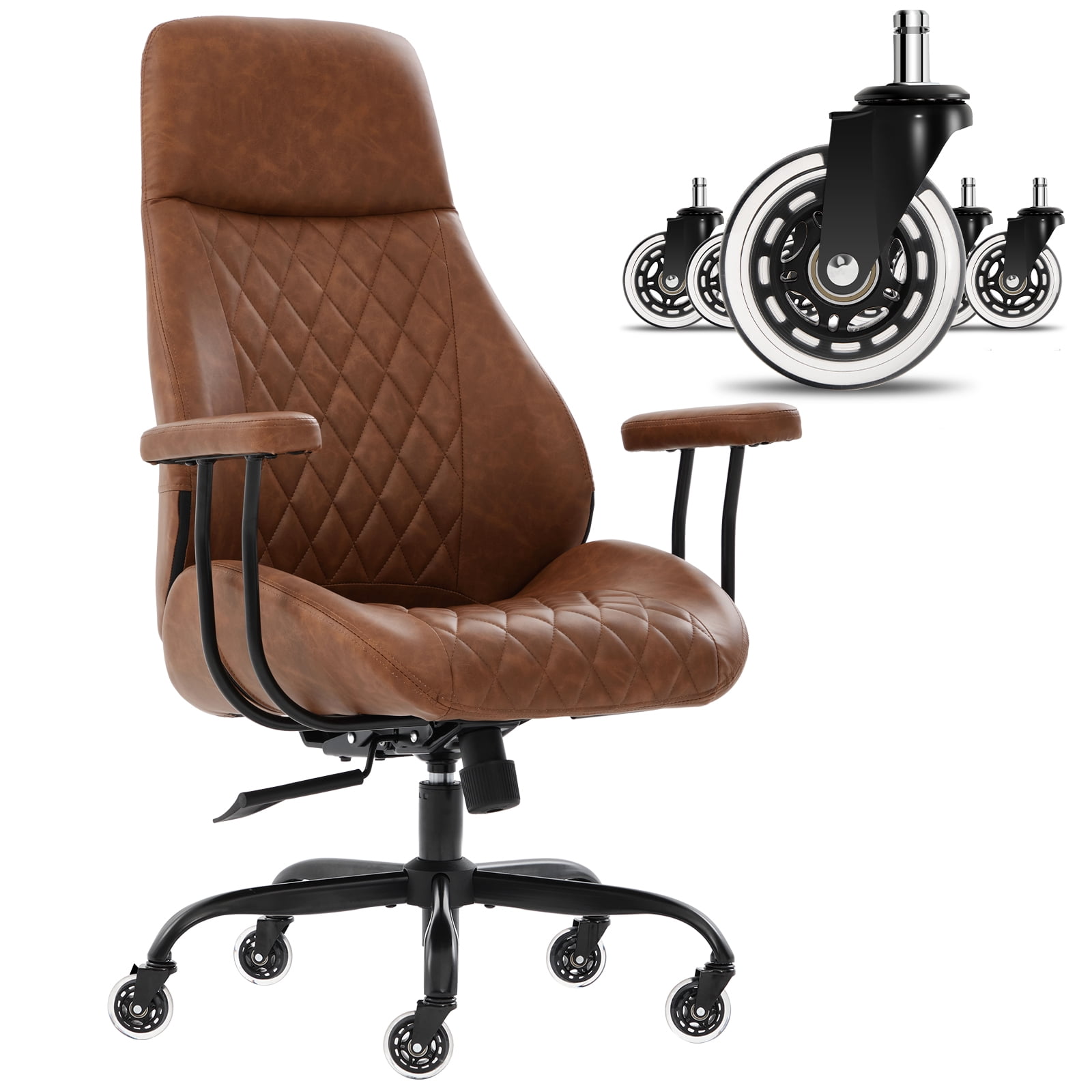E-Motie Home Office Desk Chair, Ergonomic High Back Leather Computer Chair with Lumbar Support, Adjustable Height & Recline, Swivel Executive Office Chair with Armrests and Rubber Casters, Brown