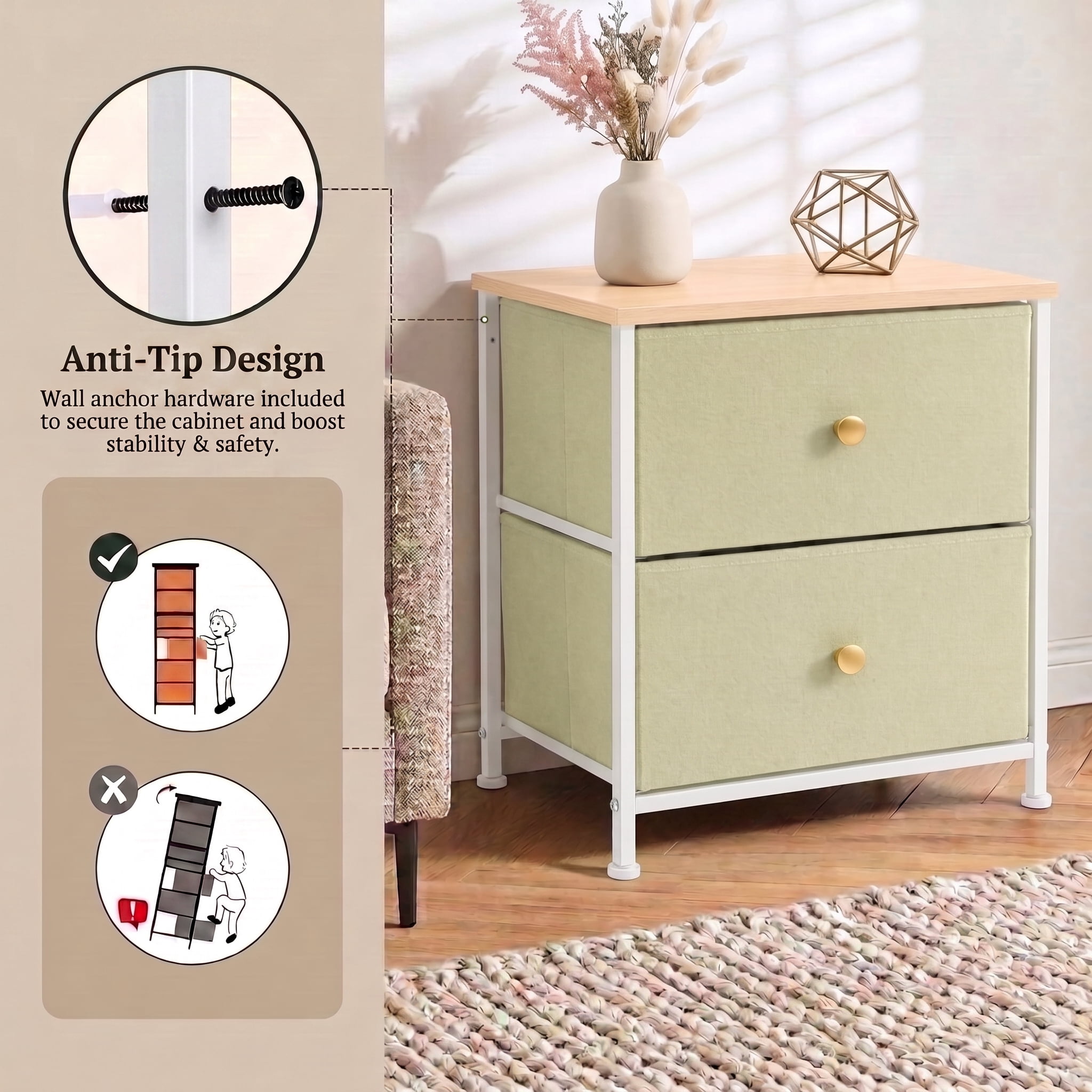 TrumanPick 2-Drawer Fabric Storage Dresser, Fabric Nightstand for Bedroom Set of 2, Small Dresser for Closet Dorm 11.8"D x 18"W x 20"H, Light Green
