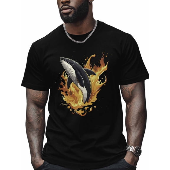 Killer Whale Men's T Shirts Fire T-Shirt for Men Cartoon Crew Neck Tees Cotton Tops, Black, S