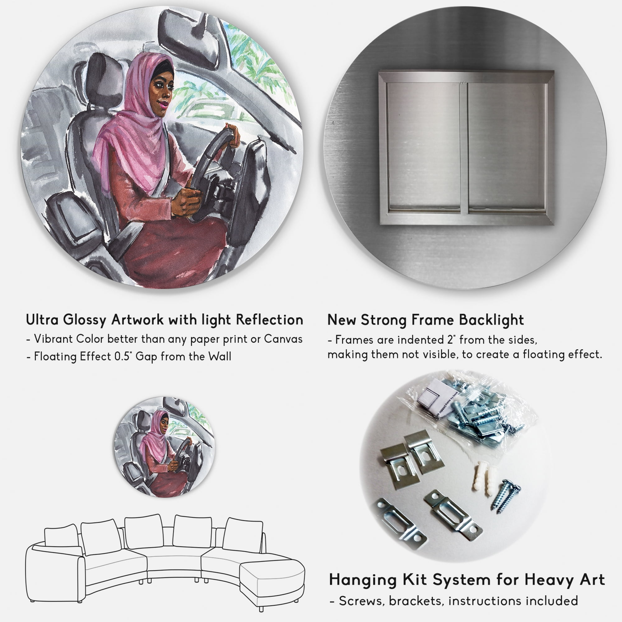 Designart 'Arabian Lady Driving A Car III' Modern Circle Metal Wall Art 23x23 - Disc of 23