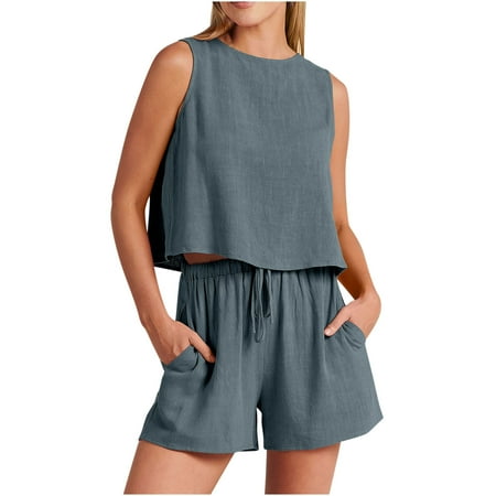 

Frostluinai Savings Clearance! Pajama Sets for Women Women s Sleeveless Crop Top and Shorts Pajama Sets 2 Piece Short Pants Sleepwear Outwear Pjs Sets