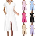 thumbnail image 1 of WRKEKC Robes d'Été Décontractées pour Femmes, Robes d'Été Grande Taille, Robe Midi Élégante et Confortable pour Femmes à Couleur Unie avec Fermeture Éclair devant, Col en V Plissé et Poche, 1 of 10