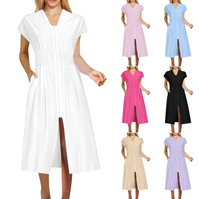 WRKEKC Robes d'Été Décontractées pour Femmes, Robes d'Été Grande Taille, Robe Midi Élégante et Confortable pour Femmes à Couleur Unie avec Fermeture Éclair devant, Col en V Plissé et Poche