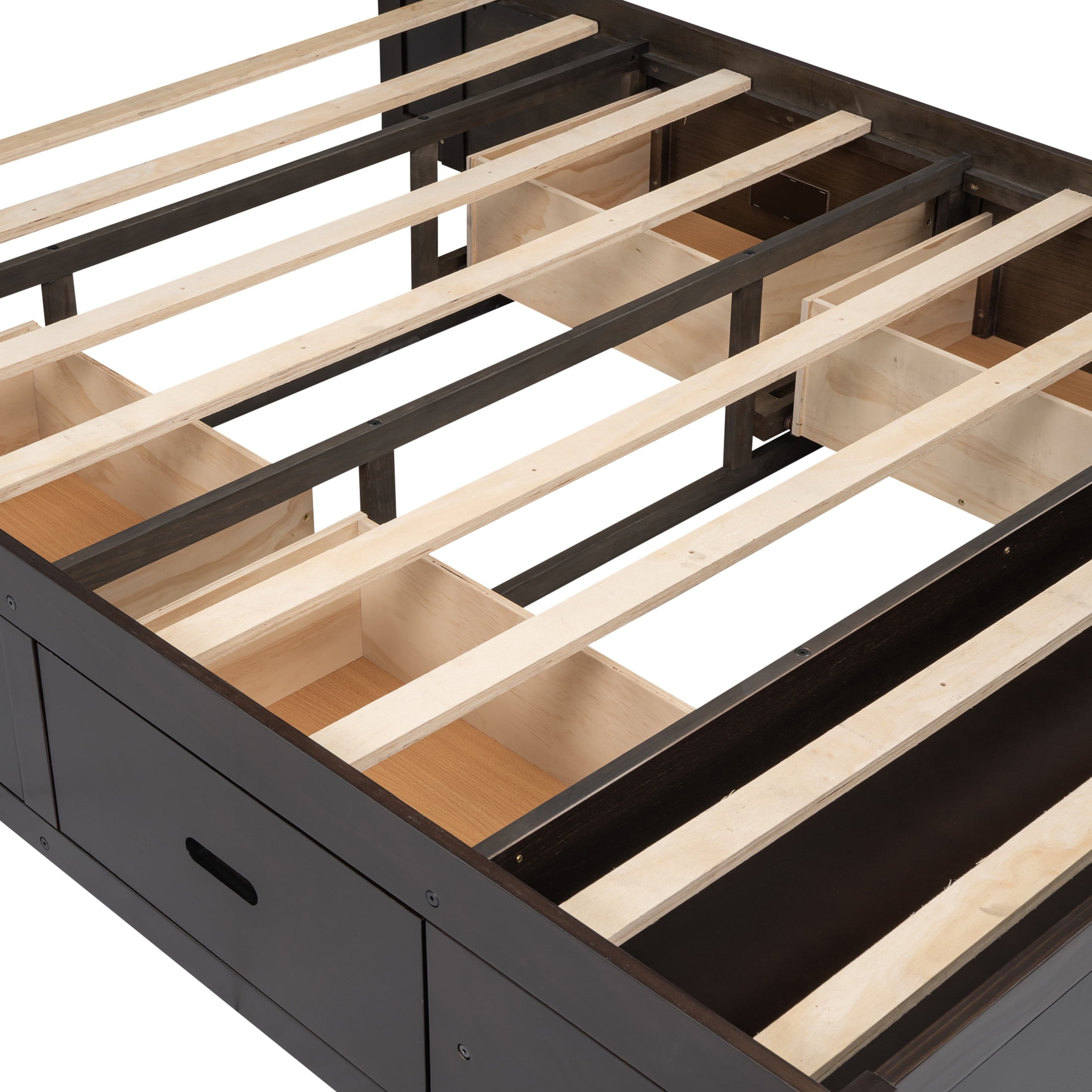 Noble House Norva Queen Size Wood Platform Bed, Storage Headboard with Integrated Drawers and Shoe Rack, Espresso