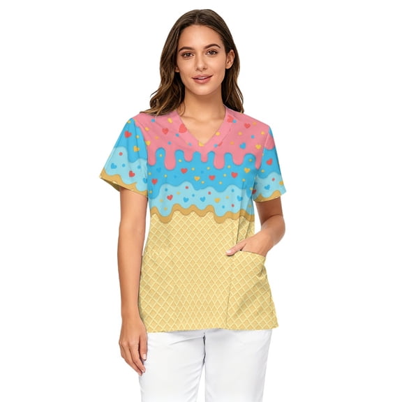 Binienty Nursing Work Shirt with Two Front Pockets for Nurses, Stretchy Breathable Short Sleeve V Neck Nursing Top for Women, Ice Cream Pattern