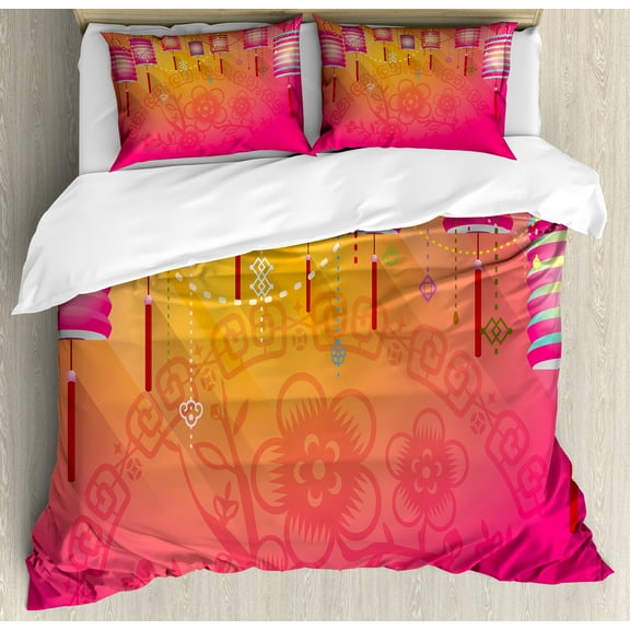 Oriental Duvet Cover Set, Abstract Eastern New Year Festivities Handmade Cultures China Floral Background, Decorative 3 Piece Bedding Set with 2 Pillow Shams, Calking Size, Fuchsia, by Ambesonne