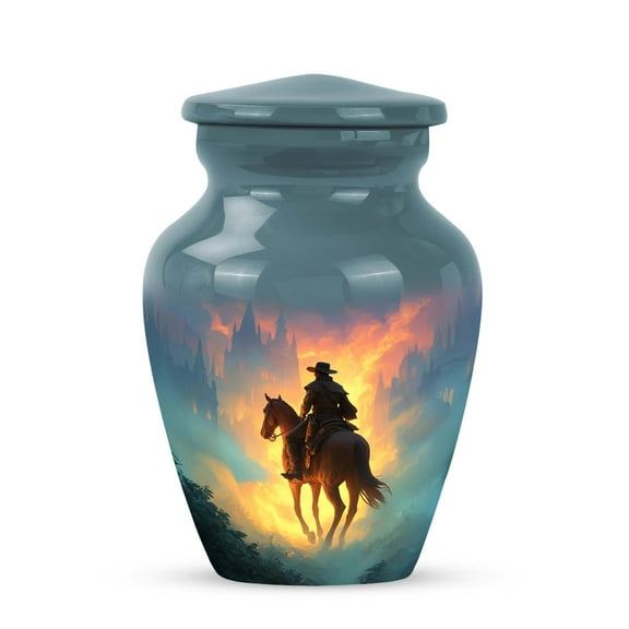 MUKTIVE Cowboy Urn - Cremation Urns for Human Ashes Keepsake - Blue Small Handcrafted Funeral Memorial Urn - Burial Ash Holder for Mom or Dad - Remembrance Gift for Loss of Mom & Dad (3 Inch)