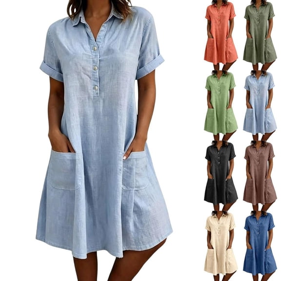 Bxsruta Women's Summer Casual Short Sleeve Shirt Dress with Pockets Loose Fit Midi Length Breathable Soft Cotton Linen Blend Button Down Collared Flowy Everyday