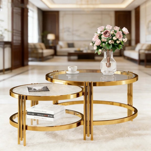 Modern Round Coffee Table Set 2-Piece, Gold Tempered Textured Glass Living Room Tables, 32.75" Easy Assembly & Clean