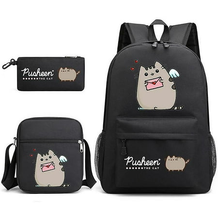 Pusheen Fat Kitty Three piece School Bag Casual Student Backpack for Boys and Girls Large Capacity Outdoor Backpack Black