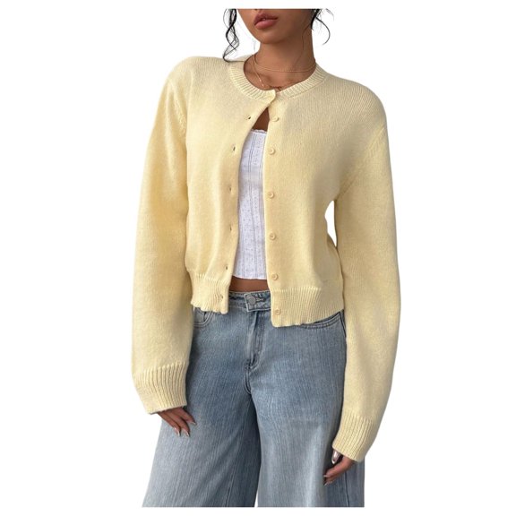 Women's button-down long-sleeved round neck cropped cardigan sweater cute knitted clothing