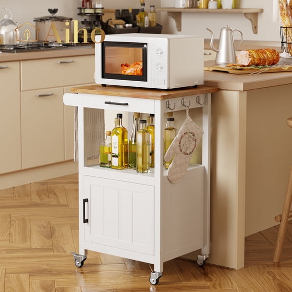 Aiho Rolling Kitchen Island Cart with Storage and Rubber Wood Countertop, White