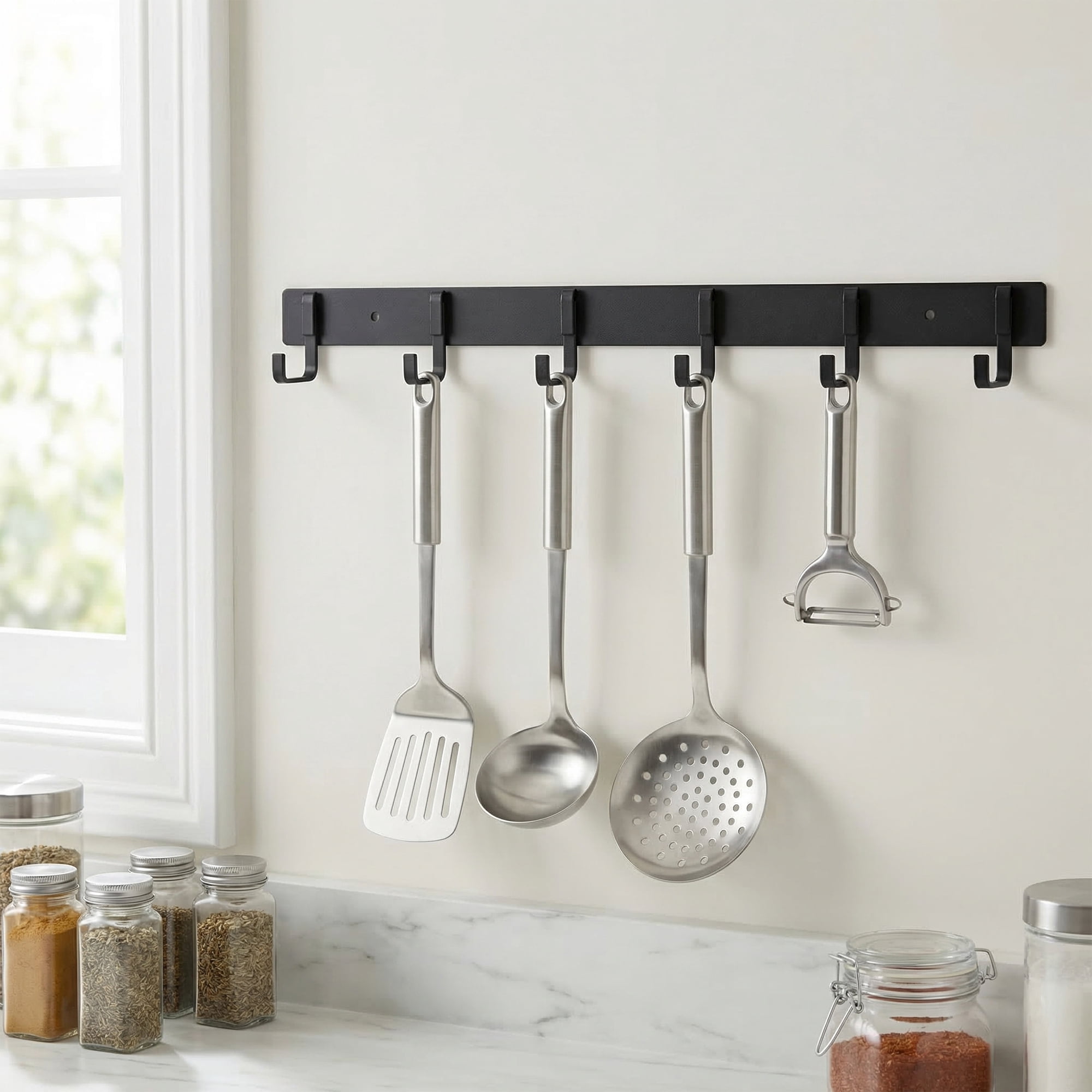Unique Bargains Coat Rack Wall Mount Metal Wood 6 Hooks for Entryway Bathroom Black