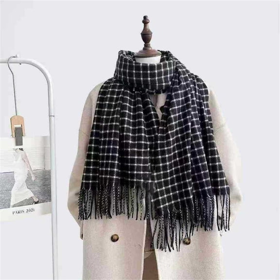 Women's Long Plaid Scarf Wrap, Two Way Wear Shawl and Scarf, Thickened Warm Winter Wrap, Oversized Plaid Scarf, Bohemian Style Fashion Scarf, Autumn Winter Accessory - Black