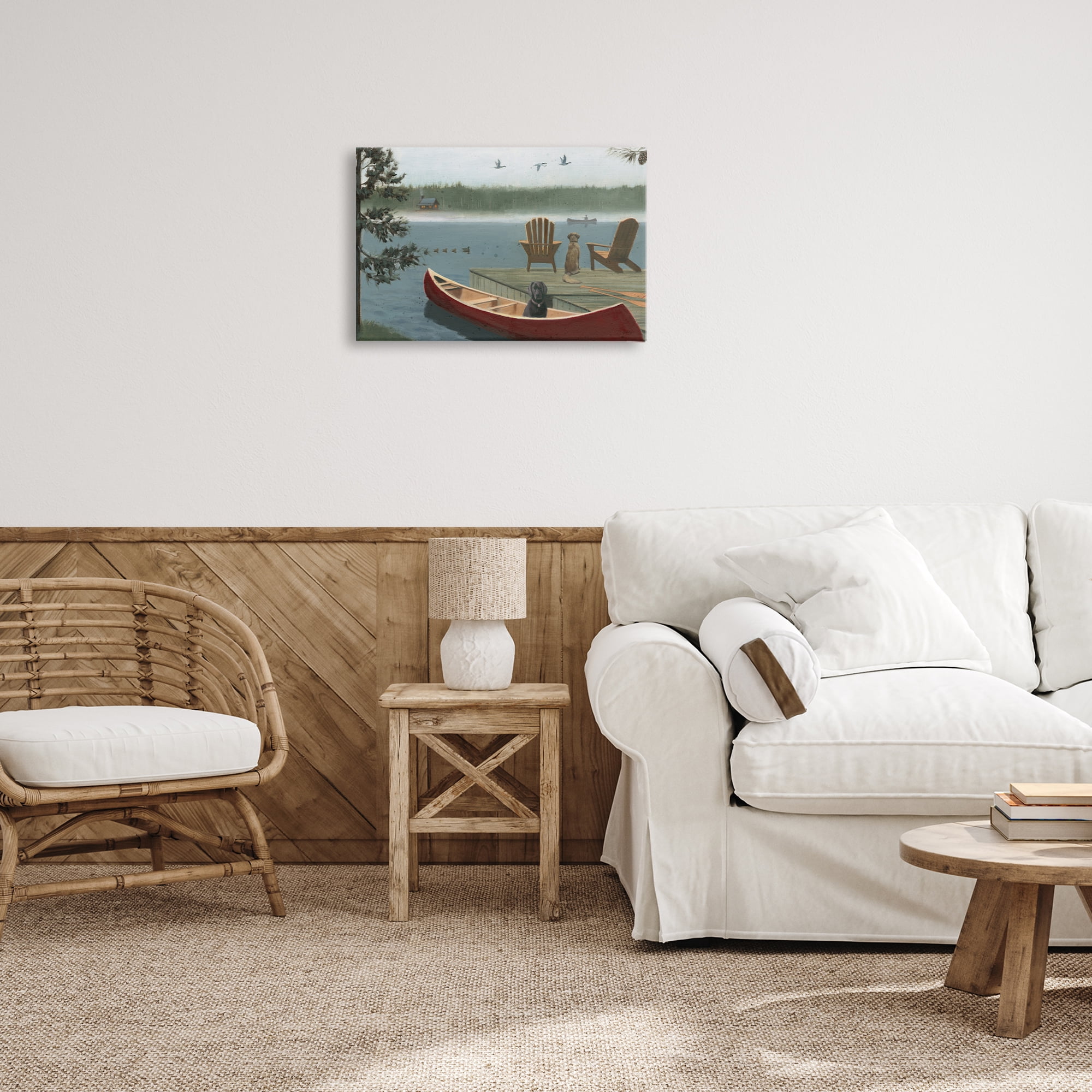 Stupell Industries Dogs on Lake Dock Landscape & Nature Painting Wrapped Canvas Art Print Wall Art, 24 x 16