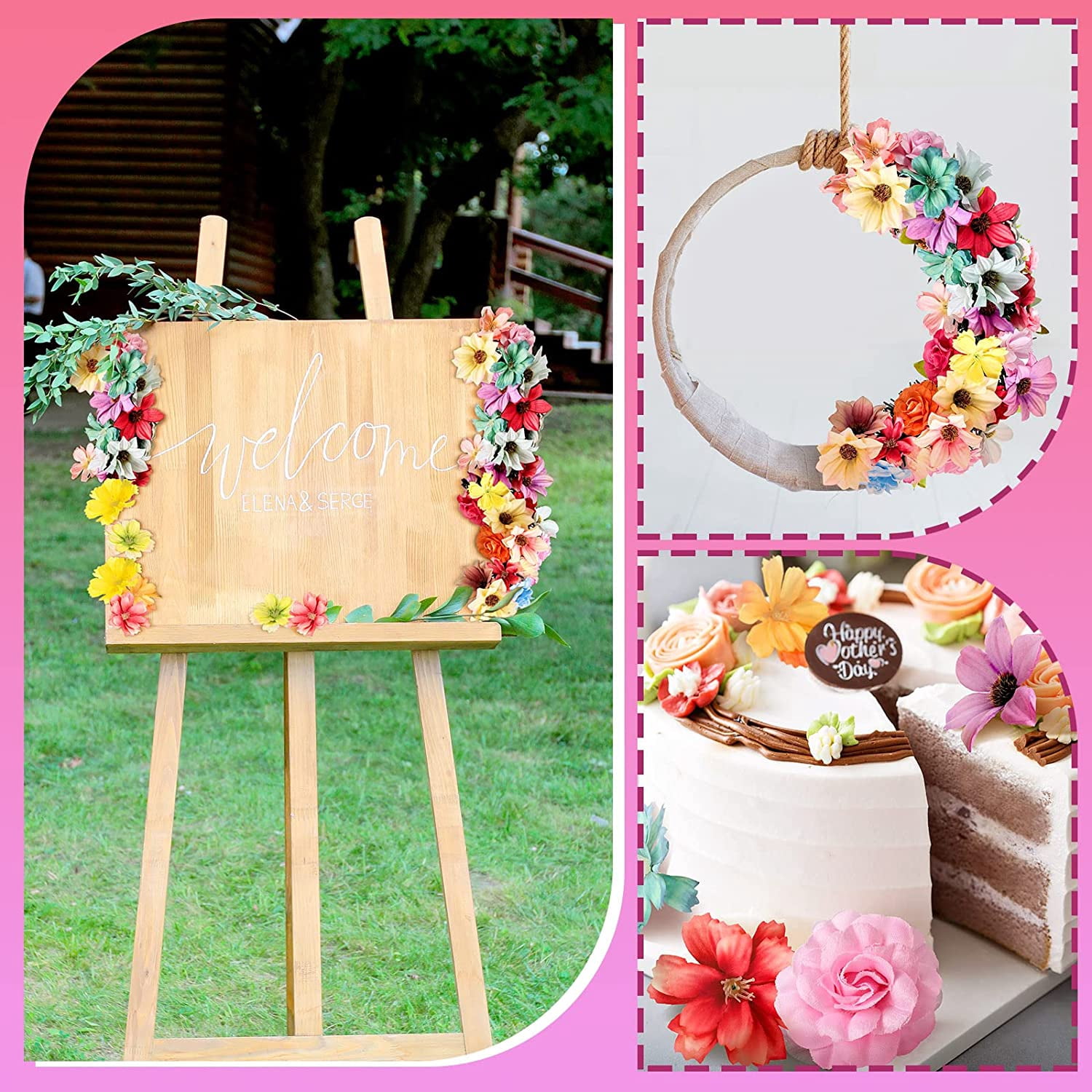 300 Pcs Faux Flower Heads Silk Artificial Plum Blossom Heads DIY Fake Mini Flowers Assorted Silk Decorative Flowers Daisy Roses Craft Supplies for Wedding Party Wreath Cake Vase Decoration (Elegant)