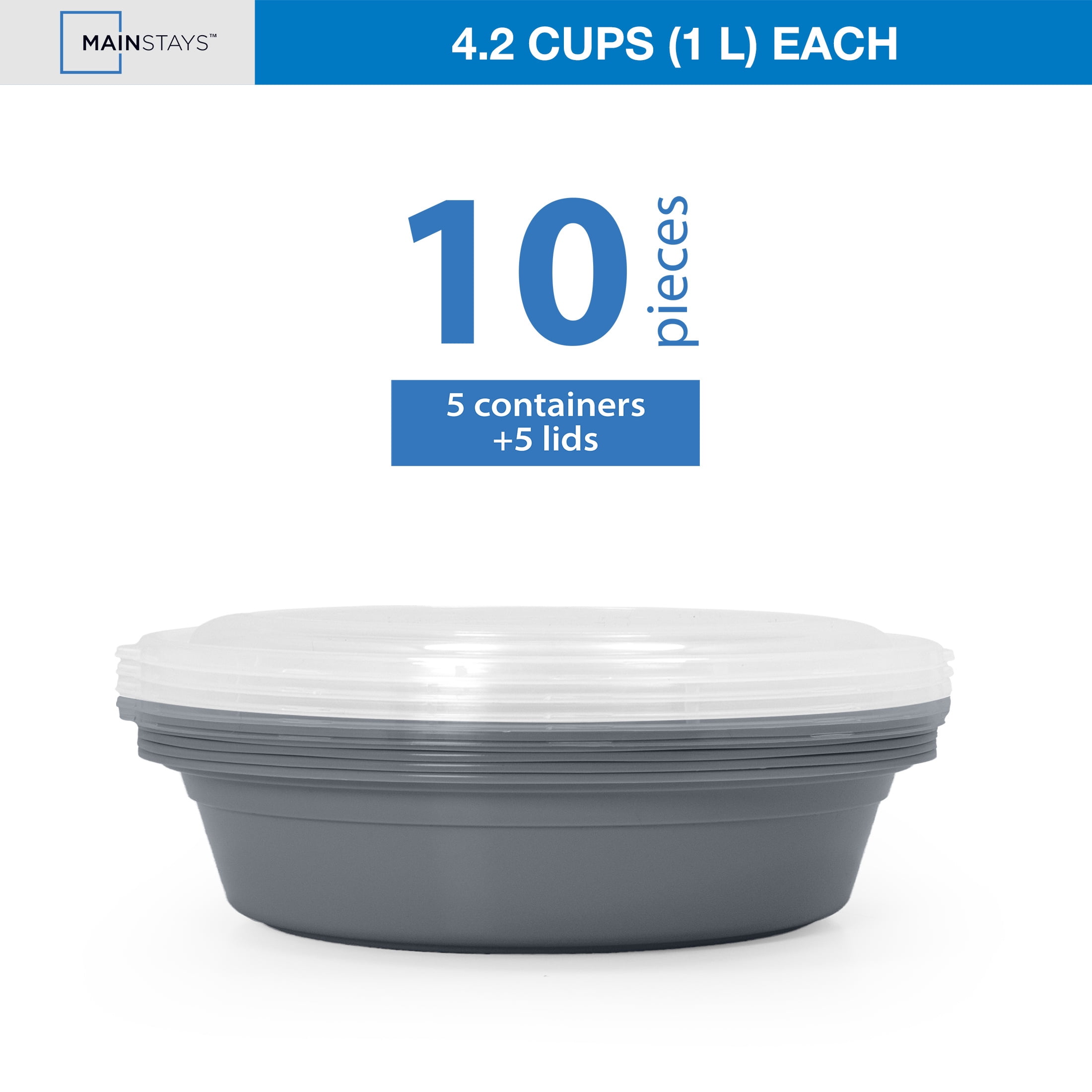Mainstays 5-Pack 3-Compartment Round BPA-Free Plastic Meal Prep Food Storage Containers, 1 L, Soothing Grey