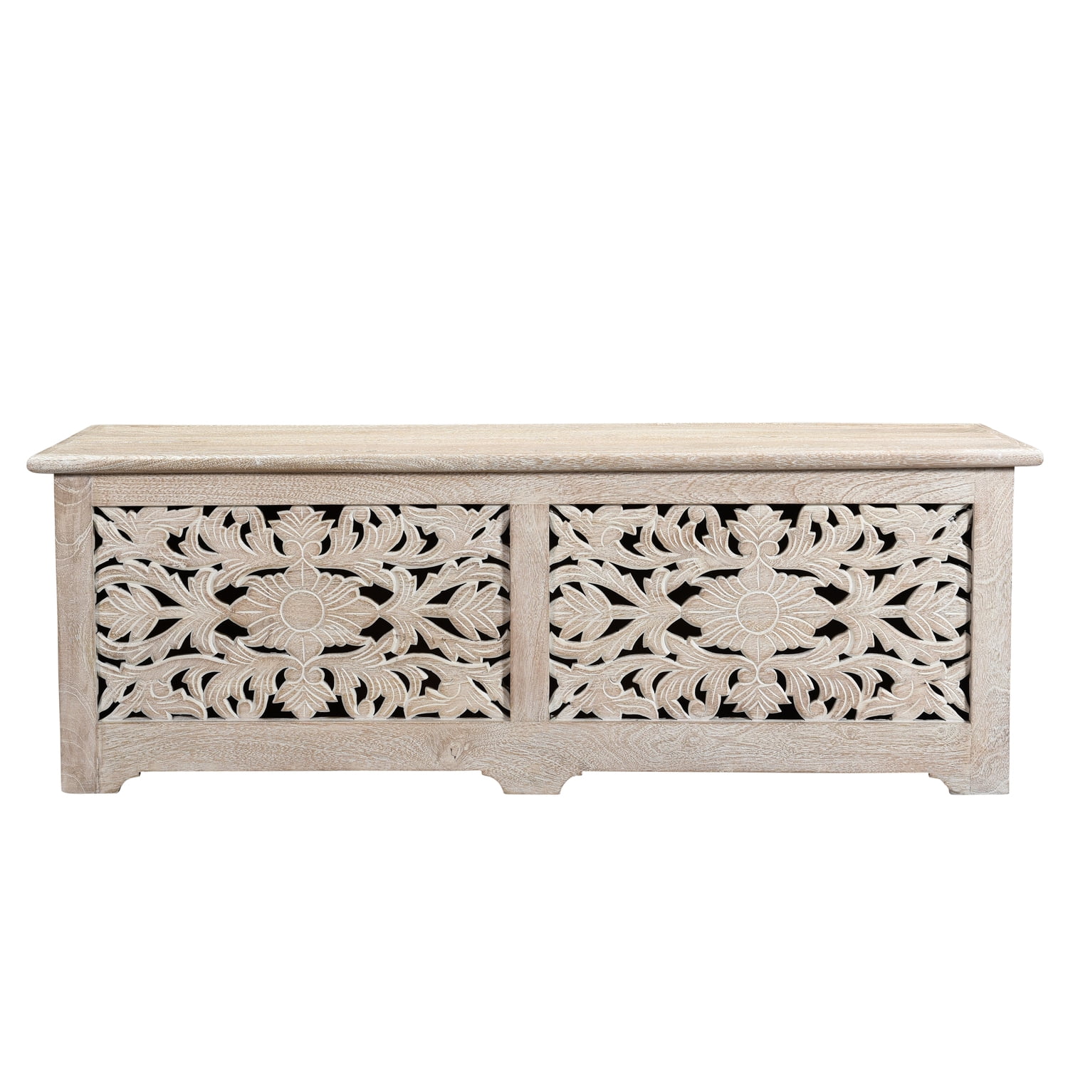 Taran Designs Monte Floral Carved Solid Wood Storage Ottoman in White
