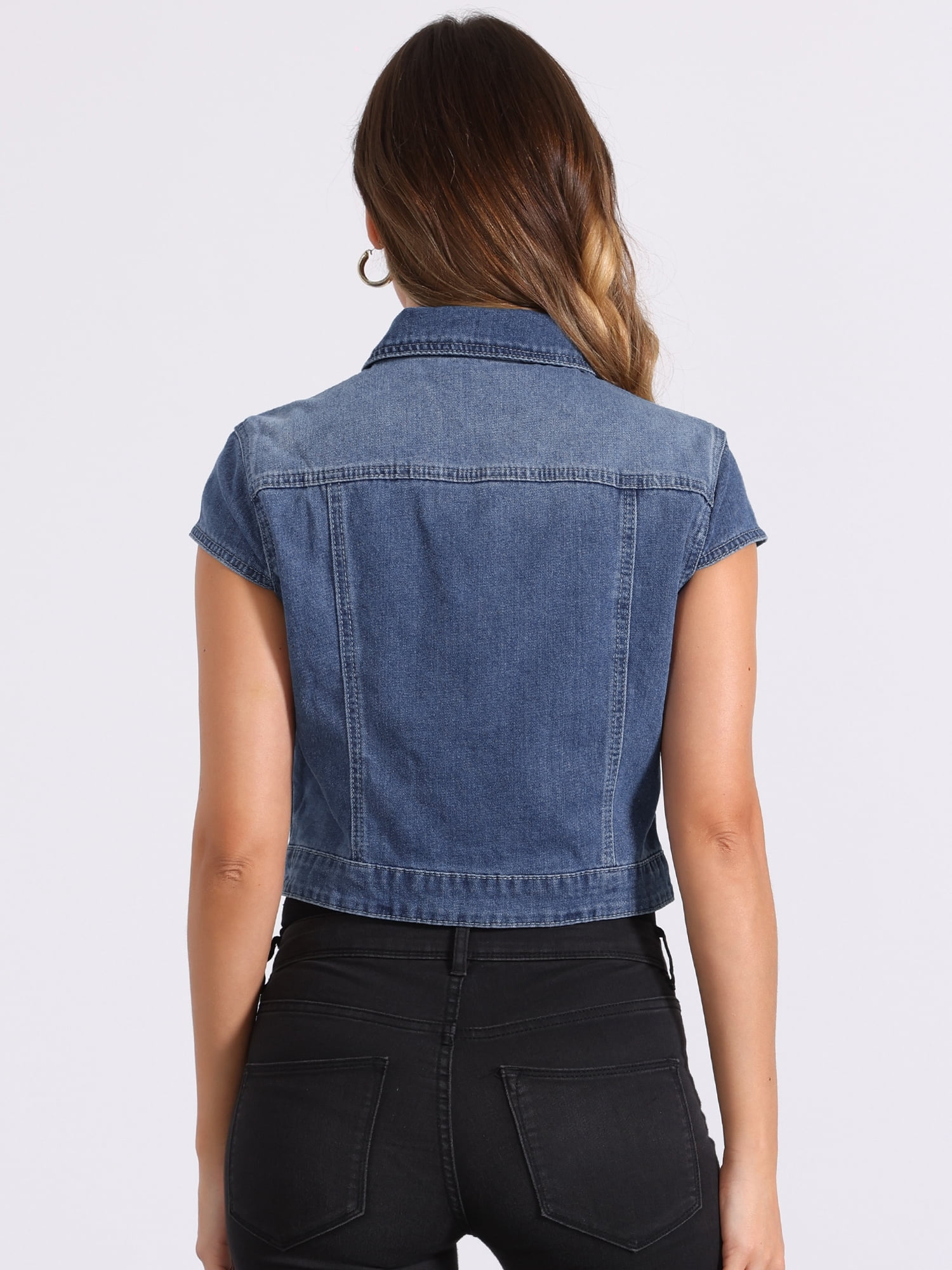 DARING DIVA Women's Cap Short Sleeve Cropped Denim Jacket S M-Blue