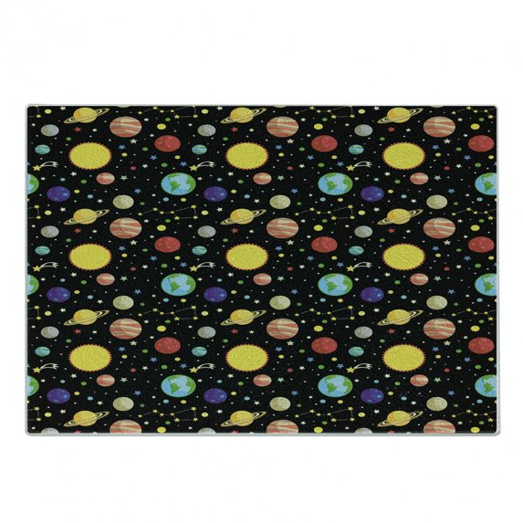 Space Cutting Board, Comets and Constellations Stars with Polka Dots Earth Sun Saturn Mars Solar System, Decorative Tempered Glass Cutting and Serving Board, Small Size, Multicolor, by Ambesonne