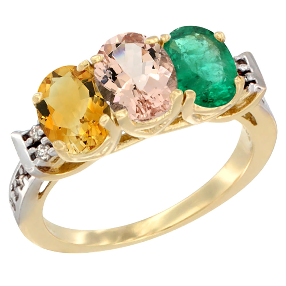 10K Yellow Gold Natural Citrine, Morganite & Emerald Ring 3-Stone Oval 7x5 mm Diamond Accent, sizes 5 10 by WorldJewels