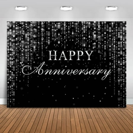 Image of Happy Anniversary Backdrop - Black Silver Anniversary Background - Wedding Anniversary Party - Cake Table Decoration Photo Booth Props (7x5ft)