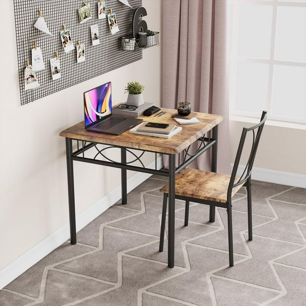 QinaQin Juego de comedor rústico de 3 piezas, mesa de metal y madera con 2 sillas tapizadas, ideal para espacios pequeños o departamentos