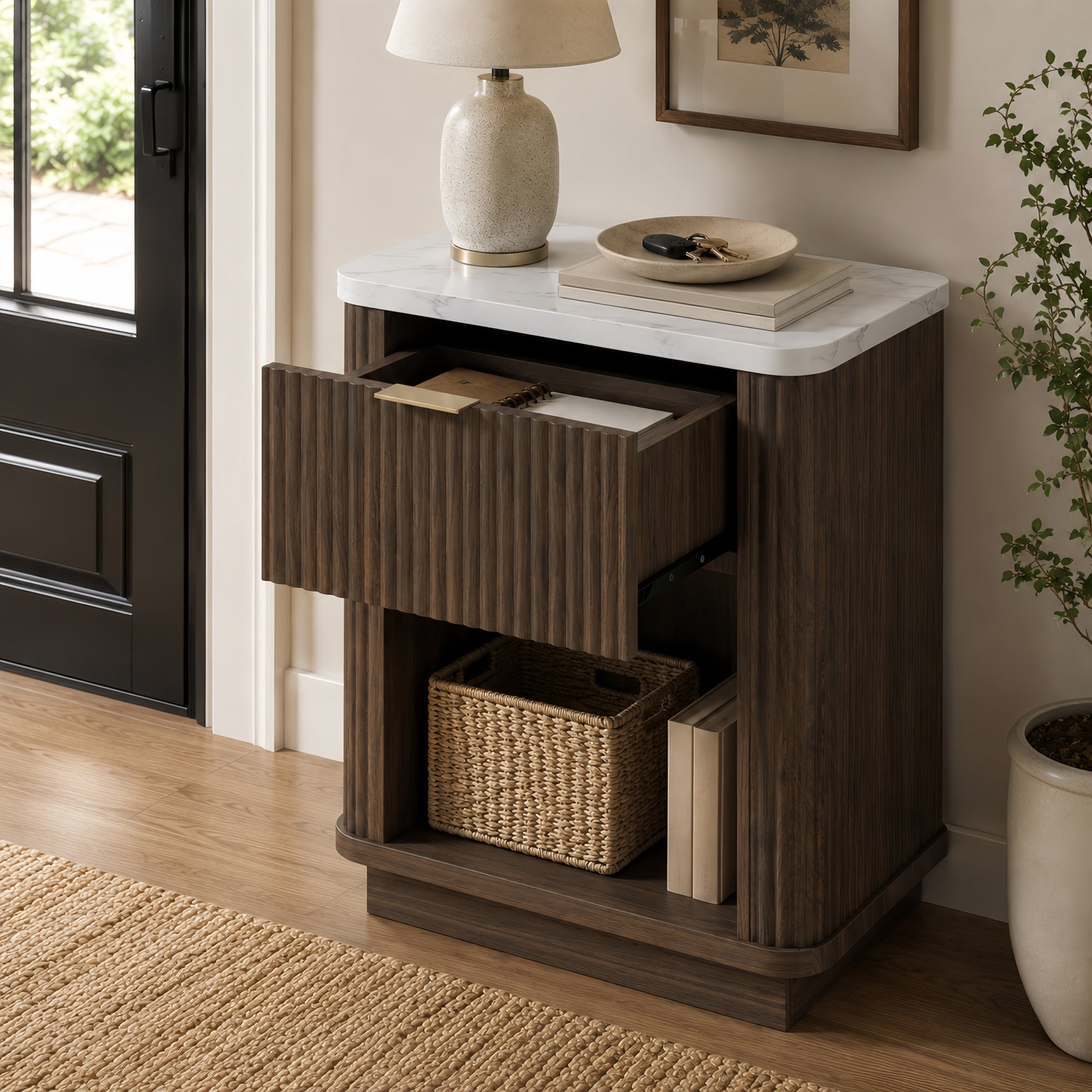 Leumius Modern Nightstands Set of 2 for Bedroom with Storage Drawer & Open Shelf,Gold-Tone Handle,Bedside Table End Table for Guest Room,Dorm,Walnut