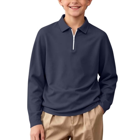 Fnooota Boys Long Sleeve Polo Shirts School Uniform Collared Casual Half Zip Fall Tops Navy Size 9-10T