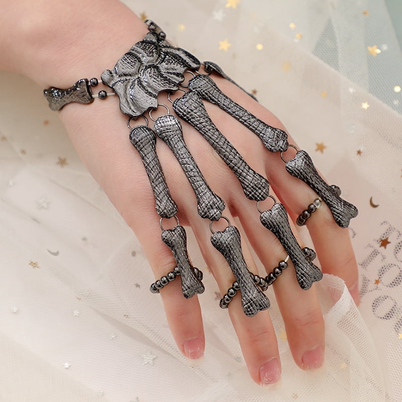 Women Vintage Skull Fingers Metal Skeleton Bracelet Ring Hip Hop Street Dancing Cosplay Wristband for Halloween and Special Festival Black