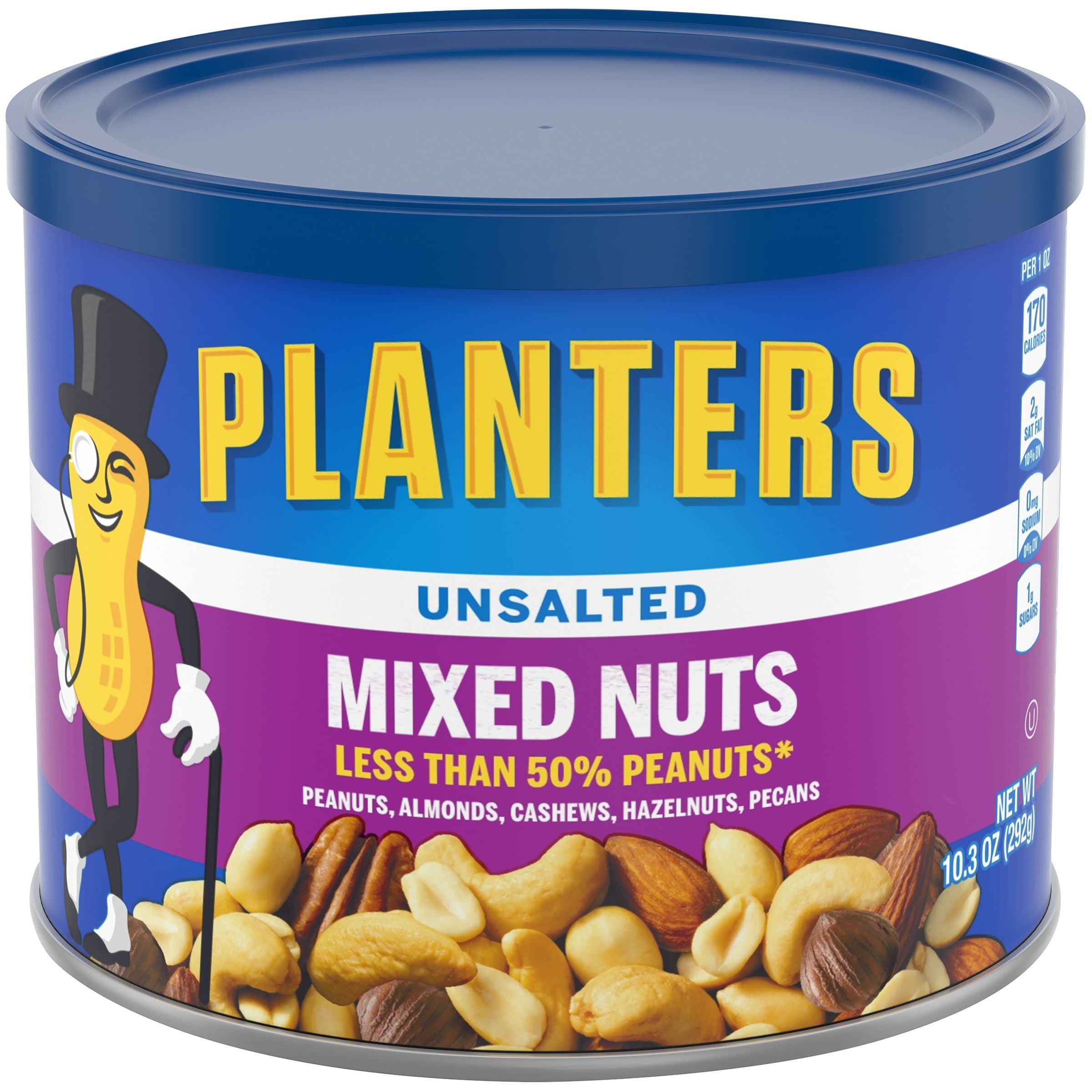Planters Roasted Unsalted Mixed Nuts, 10.3 oz Canister (Pack of 4
