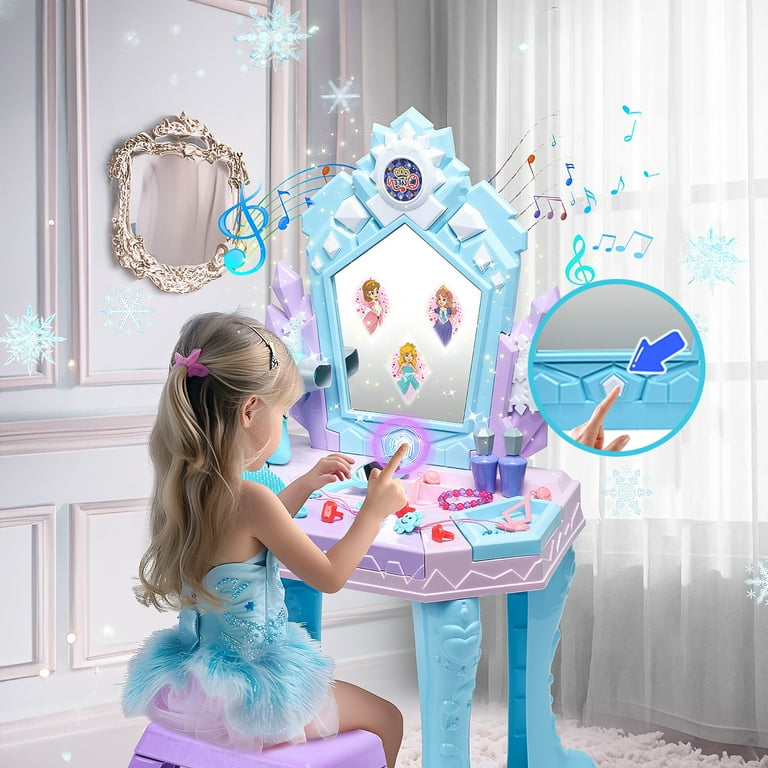 JoyStone Toddler Makeup Table with Mirror and Chair Kids Makeup Vanity Set with Accessories and Lights and Music Sounds Makeup Accessories