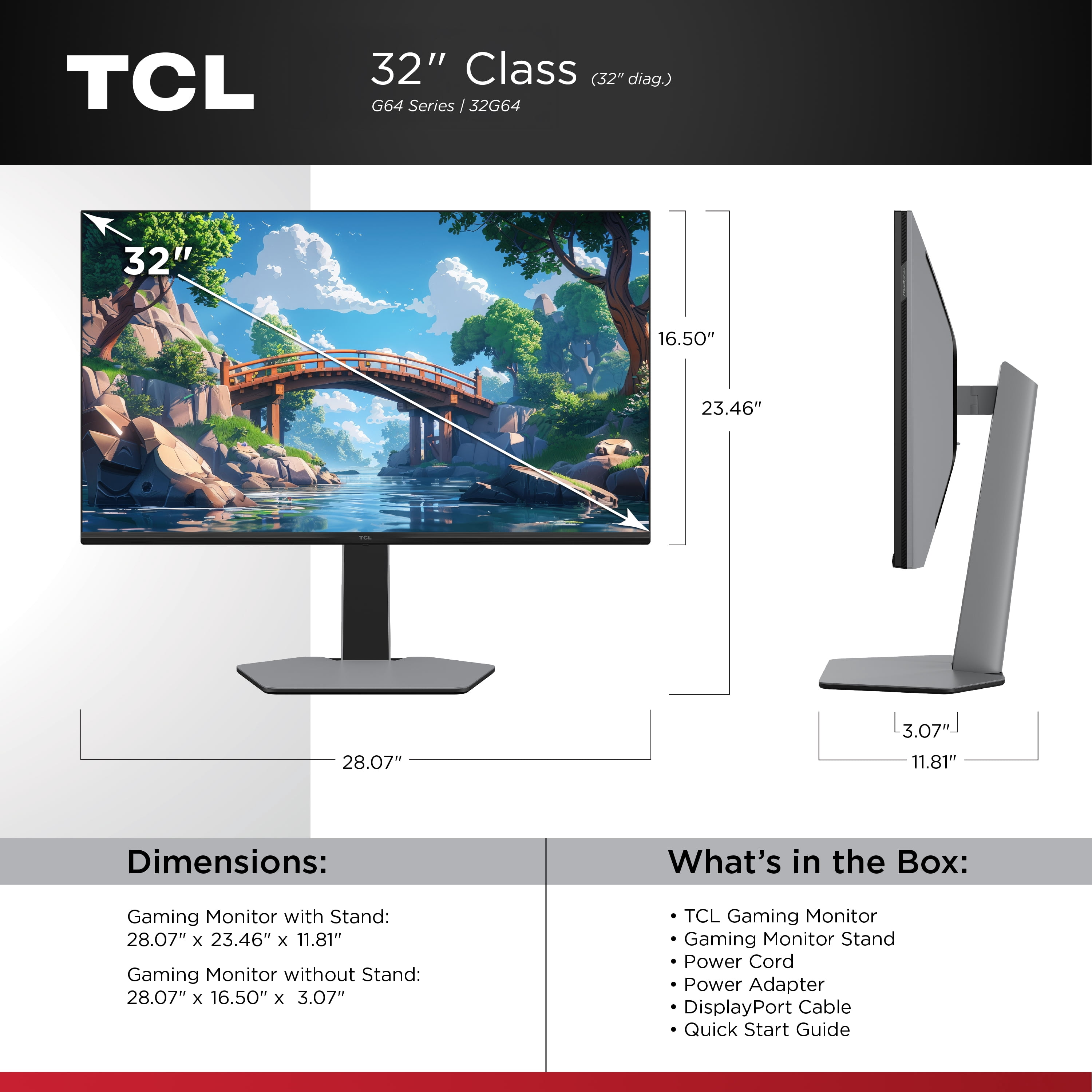 TCL 32” G64 Series QHD HDR QD-Mini LED Gaming Monitor, 180Hz Refresh Rate, LD336 Precise Dimming Series, HDR600 Brightness, 1ms, AMD FreeSync