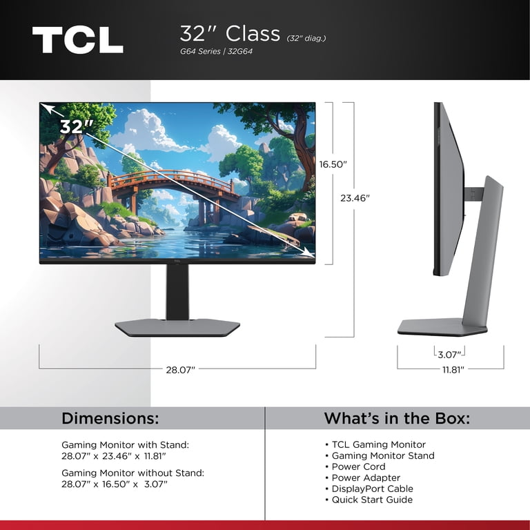 TCL 32” G64 Series QHD HDR QD-Mini LED Gaming Monitor, 180Hz