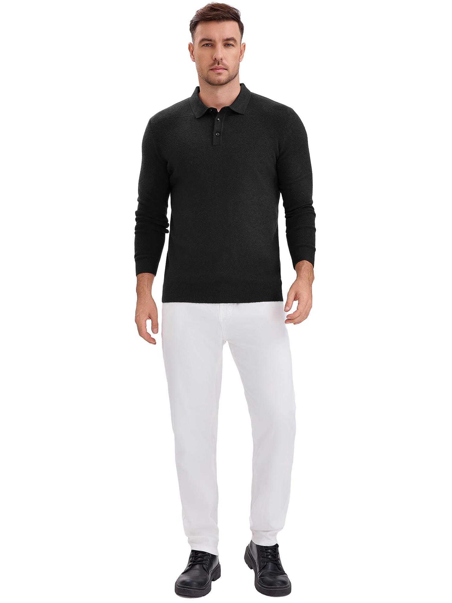 DARING DIVA Men's Long Sleeve Pullover Business Knitted Polo Shirt S Black