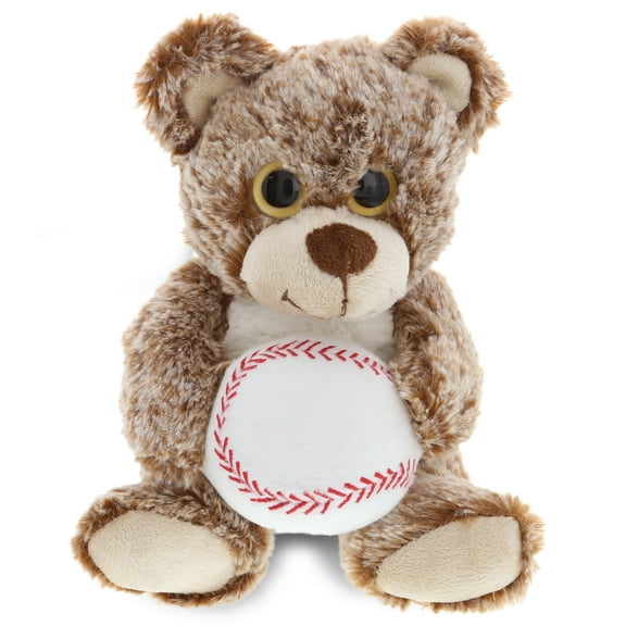 DolliBu Sitting Brown Bear Stuffed Animal with Baseball Plush - Soft Plush Huggable Bear, Adorable Playtime Plush Toy, Cute Wildlife Gift, Baseball Plush Animal Toy for Kids and Adults - 9 Inch