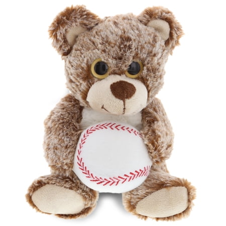 DolliBu Sitting Brown Bear Stuffed Animal with Baseball Plush - Soft Plush Huggable Bear Adorable Playtime Plush Toy Cute Wildlife Gift Baseball Plush Animal Toy for Kids and Adults - 9 Inch
