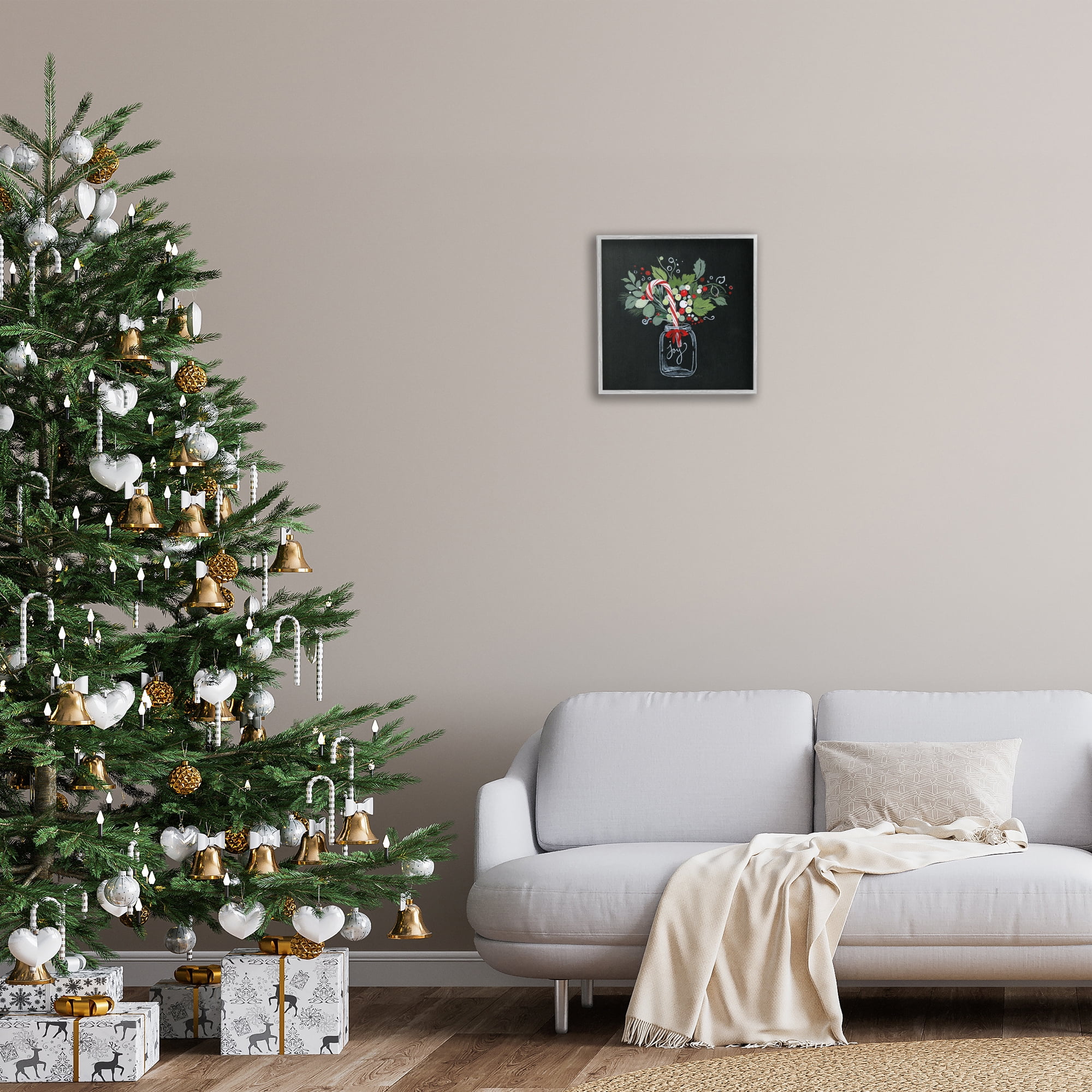 Stupell Industries Joy Candy Cane Jar Holiday Painting Gray Framed Art Prints Wall Art, 17 x 17