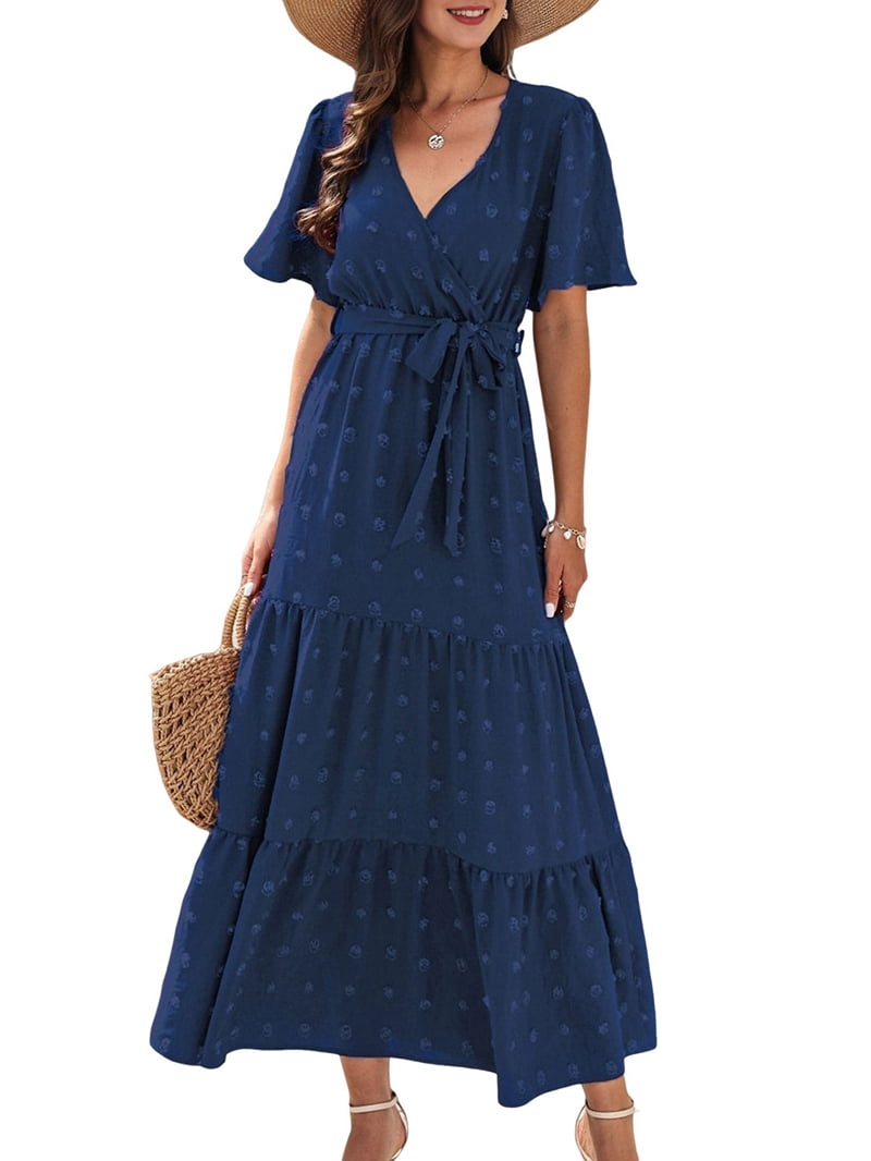Boho Dot Summer Maxi Dresses for Women Wrap V Neck Short Sleeve Long Flowy Church Wedding Guest Dress Blue XXL