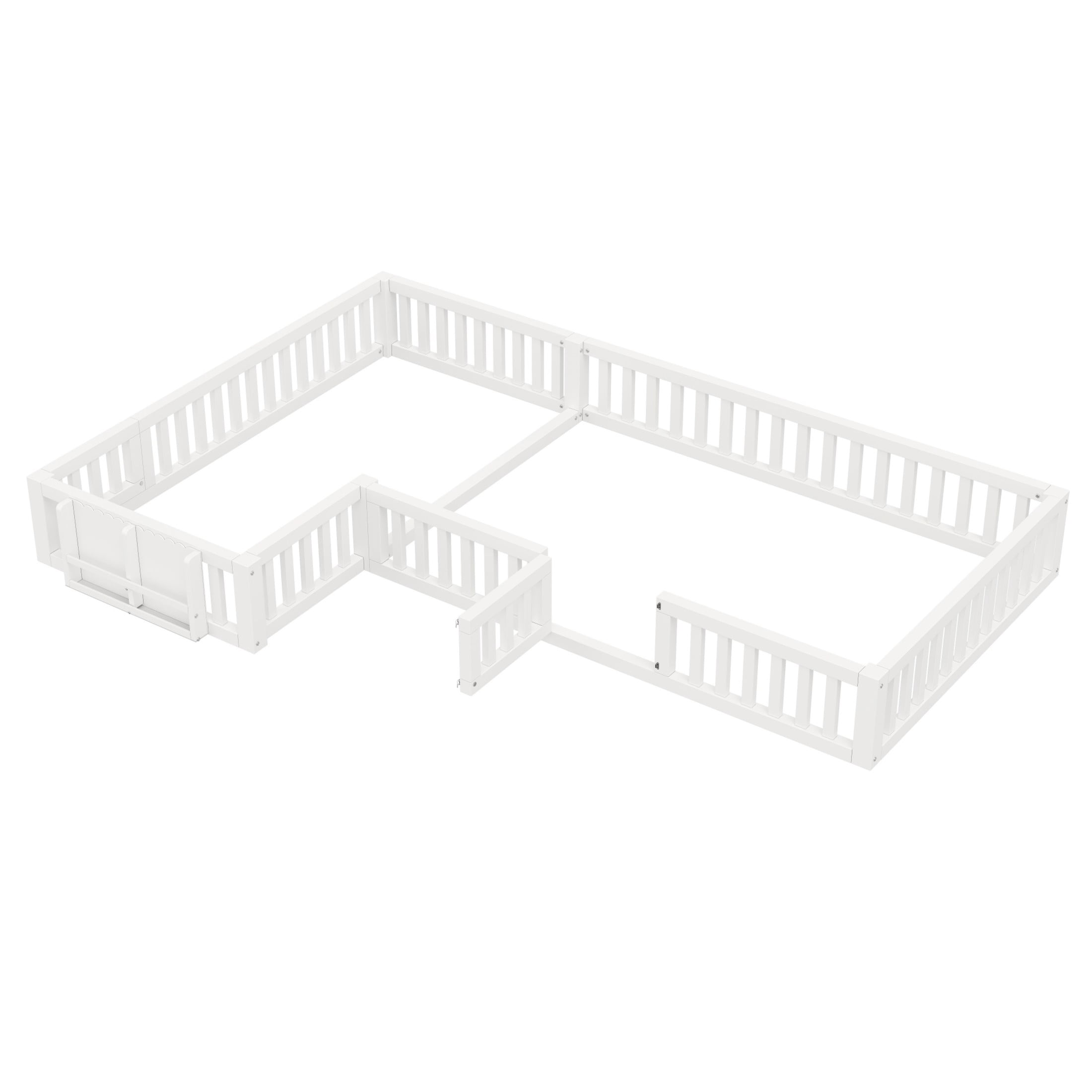 Noble House Lorven Twin & Full L-Shaped Floor Bed with Built-in Bookcase & Lockable Safety Gate, White
