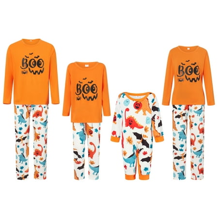 

Family Matching Halloween Pajamas Sets Letter Print Long Sleeve Tops and Dinosaur Bat Print Pants Funny Sleepwear Jammies