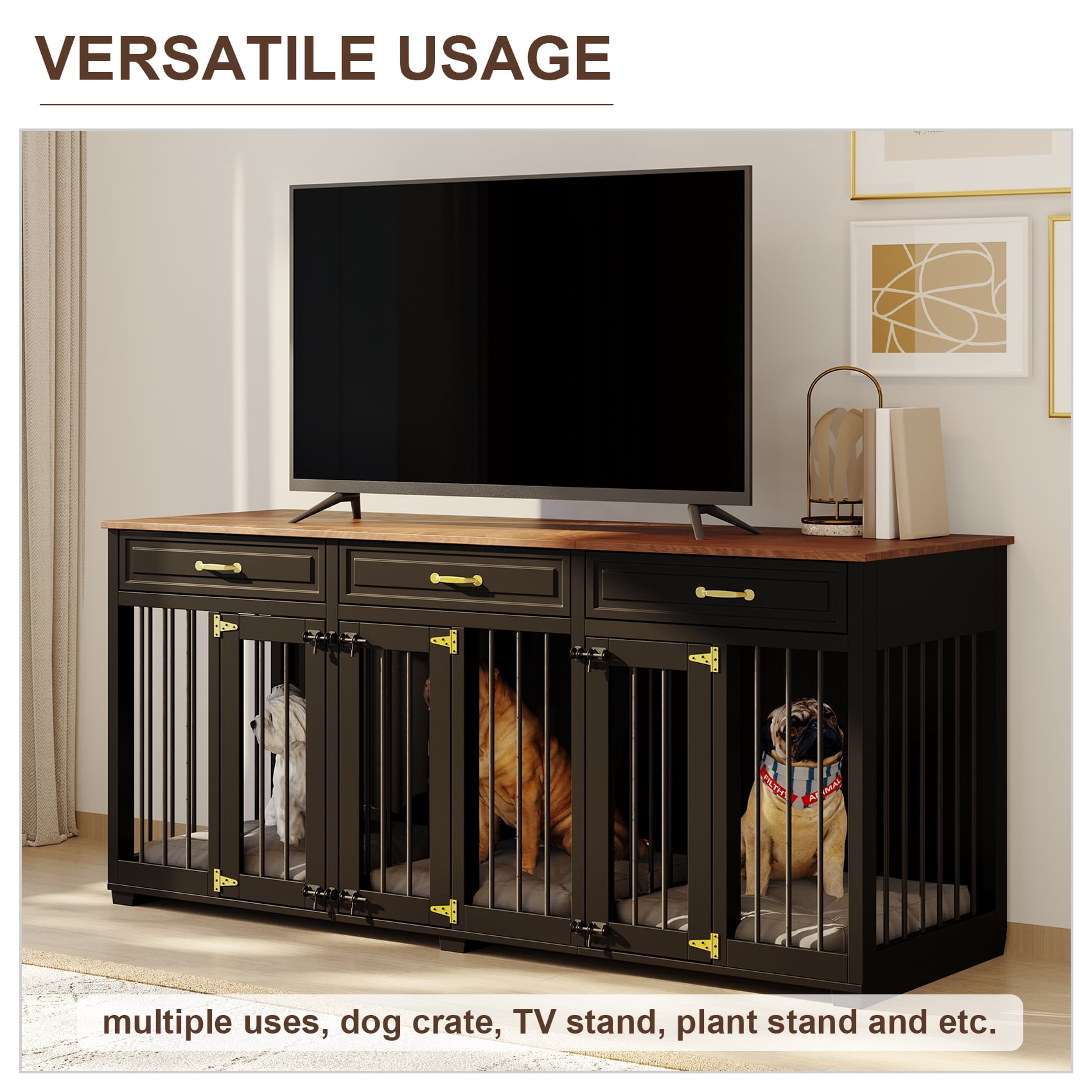 Jenser Multi-Functional 3-Door 72" Wooden Furniture Style Crate for Dogs with 2 Dividers