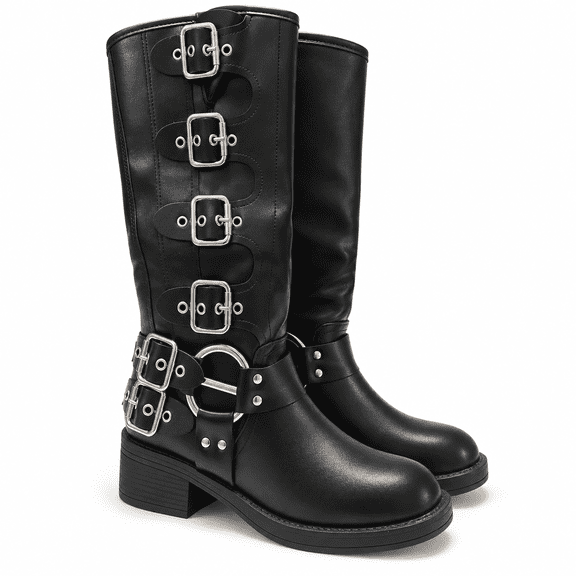 Women's Knee High Motorcycle Boots, Round Toe Low Block Heel Moto Riding Boots with Multi Buckle Strap and Silver Ring Detail, Black