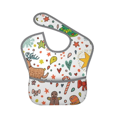 Bingfone Mess-Proof Baby Bib - Waterproof Bib For Baby Boy Or Girl With Food Catcher Pocket, Unisex-Winter Christmas And New Year Deer