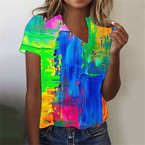 Kctiaxy T Shirts for Women Colorful Print Graphic Summer Tops Casual Fashion V Neck Pullover Shirts Short Sleeve Blouses for Women