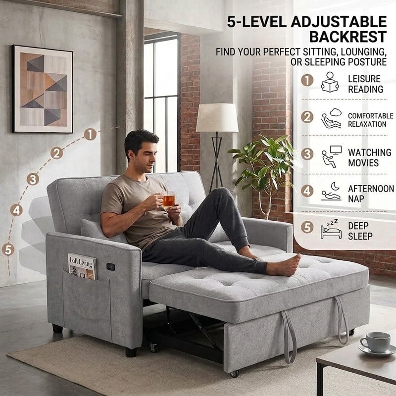 3-in-1 Convertible Sofa Bed with USB Charging Ports, Pull-Out Sleeper Sofa with Adjustable Backrest and Side Pocket, Compact Loveseat Couch for Living Room, Apartment, Dorm